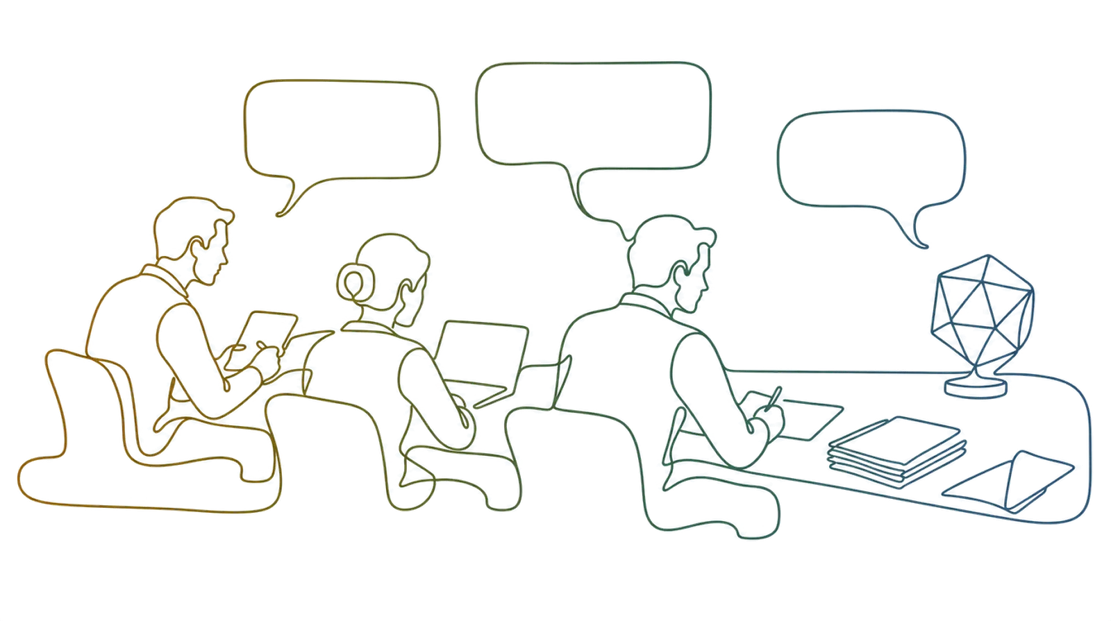 Drei Personen bei der Arbeit an einem langen Tisch, darüber leere Nachrichtenfelder, und am vierten Platz ein facettierter Körper auf einem Ständer, gezeichnet als eine durchgehende Linie