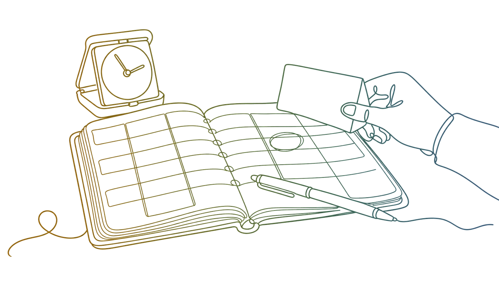 Un'agenda aperta con una fascia oraria cerchiata, un orologio da viaggio pieghevole e una mano che appoggia un biglietto alla pagina, disegnati con un unico tratto continuo